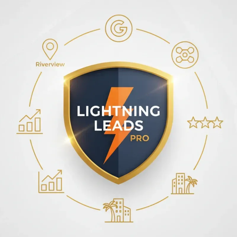 A gold shield with a dark blue center containing the text "LIGHTNING LEADS PRO" and an orange lightning bolt. Surrounding icons in a loop represent services or values: Location (Riverview), Google, Network, 3-star reviews, Local Buildings/Palm Trees, and Growth Charts.