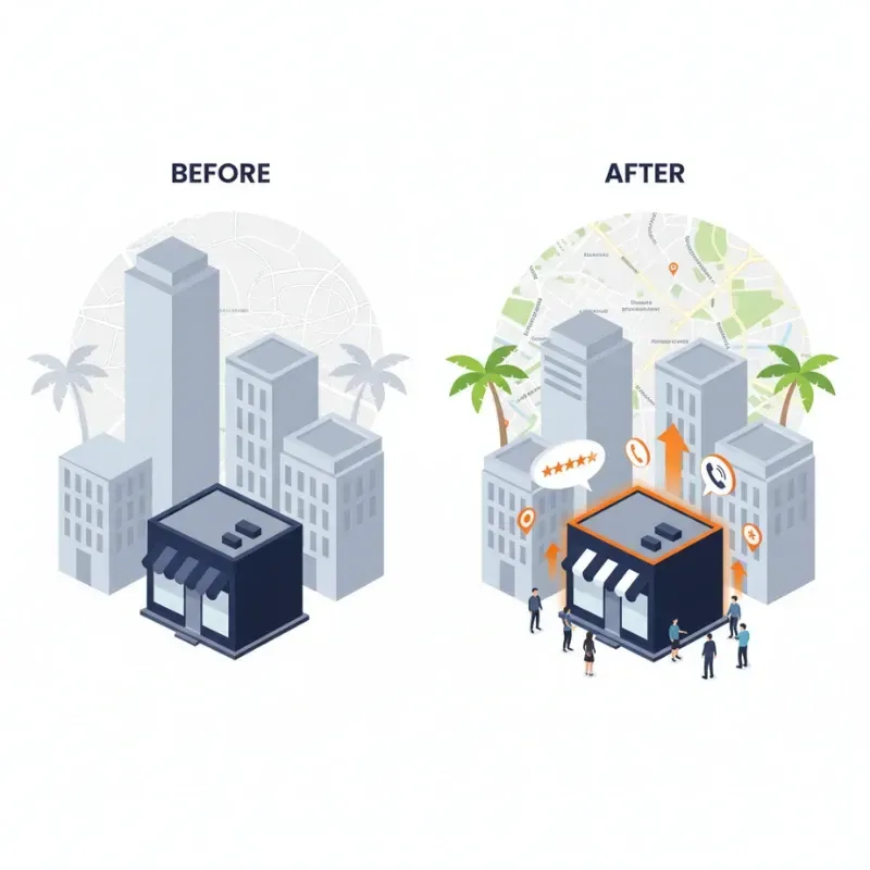 A side-by-side illustration of local business visibility. The BEFORE side shows a store in a grayscale city with a plain map and no activity. The AFTER side shows the same store glowing with an orange outline, surrounded by people, and featuring icons for 5-star reviews, a phone call, and a conversion arrow pointing up on a detailed map.