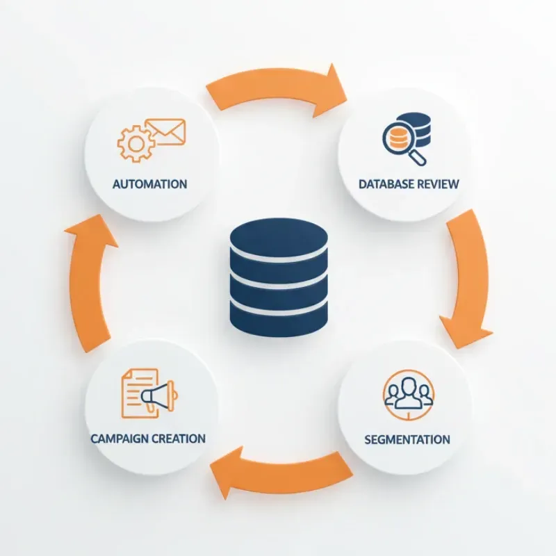 A circular diagram centered around a database icon, illustrating a 5-step marketing cycle: DATABASE REVIEW (magnifying glass icon), SEGMENTATION (group of people icons), CAMPAIGN CREATION (megaphone/document), AUTOMATION (gear/envelope), and back to the database.