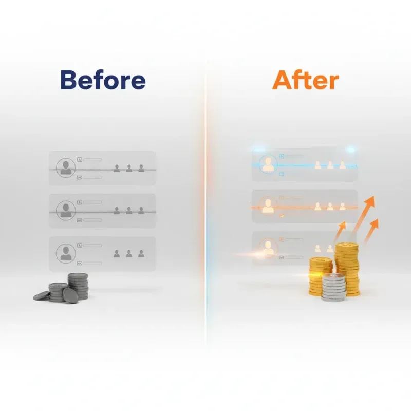 A vertically split image comparing results. The Before side shows minimal, grayscale data and small stacks of gray coins, indicating poor revenue generation. The After side shows three stacks of gold coins, three upward-trending orange arrows, and glowing customer data rows, indicating significant revenue recovery and growth.