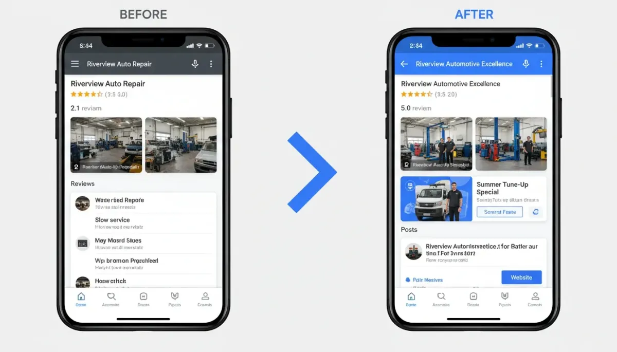 A side-by-side comparison of two smartphone screens showing a Google My Business listing for an auto repair business. The BEFORE screen shows a low 3.5 rating and generic content. A large blue arrow points to the AFTER screen, which shows a significant improvement to a 5.0 rating, branded name change to "Riverview Automotive Excellence," positive new photos, and featured specials/posts, demonstrating successful local SEO optimization.