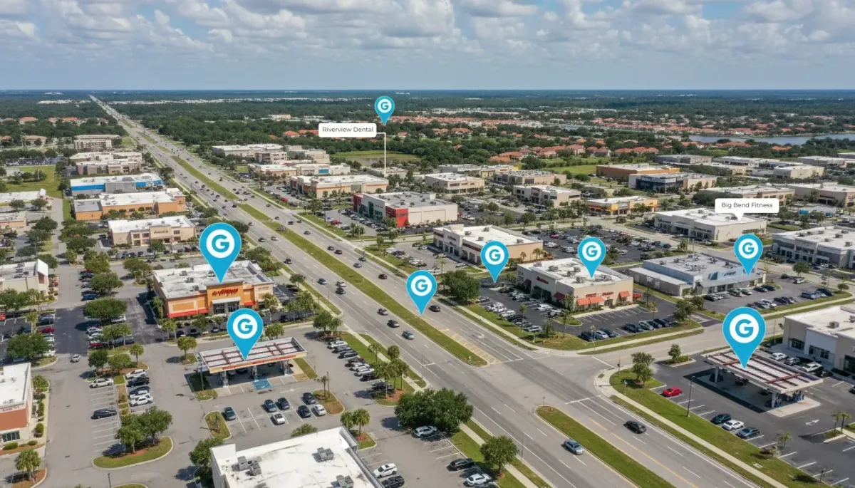 An aerial photograph of a busy commercial area in Riverview, Florida, featuring a major road surrounded by retail and business complexes. Several blue map pins with the Google 'G' icon are overlaid on the image, marking locations for businesses like "Riverview Dental" and "Big Bend Fitness."