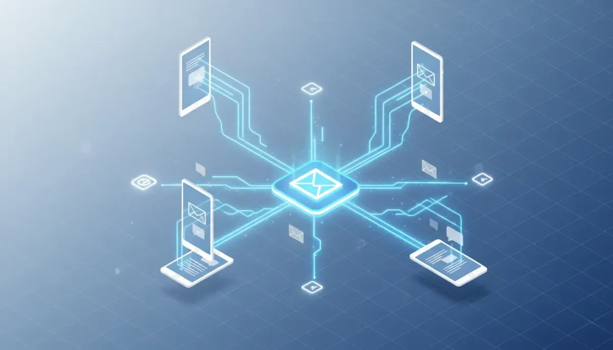 An isometric illustration of a centralized digital envelope icon connected by glowing blue circuit lines to four surrounding smartphones and various communication icons. This represents the power of email automation and integrated digital communication across multiple devices.