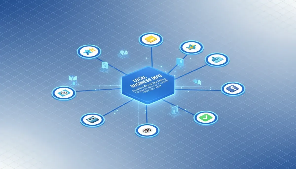 A blue hexagonal graphic labeled "LOCAL BUSINESS INFO" at the center, containing a sample business address and phone number. Lines radiate from the center hub to circular icons representing various data sources or platforms, such as social media (Facebook), reviews, search, and maps, illustrating the distribution of business information across the web.