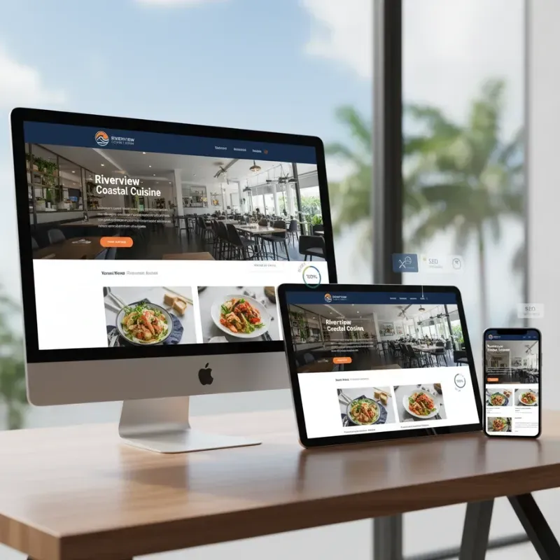 A desktop monitor, a tablet, and a smartphone all displaying the responsive website for "Riverview Coastal Cuisine." The design adapts seamlessly across the different screen sizes, emphasizing an optimal user experience. Floating icons near the devices highlight SEO benefits.