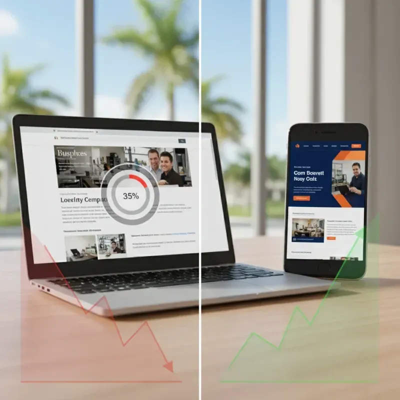A split image showing the contrast between poor and optimized web performance. The left side displays a website on a laptop with a red, downward-trending graph and poor engagement metrics (35% in a dial). The right side displays an optimized, professional website on a smartphone with a green, upward-trending graph, symbolizing positive growth.