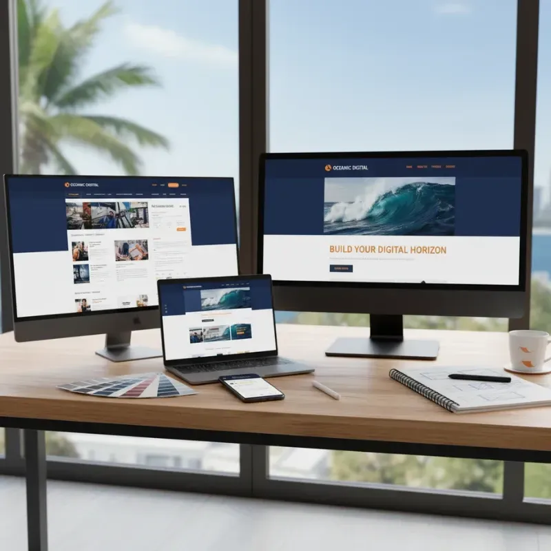 A web design presentation featuring three devices—two large monitors and a laptop—all displaying the responsive website for "Oceanic Digital," which features a large image of a breaking ocean wave. A smartphone, notebook, and color palette are also on the wooden desk, illustrating a complete design setup.