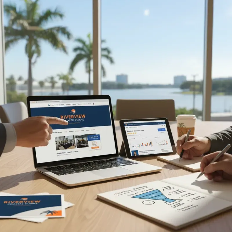 A strategy meeting focused on the "Riverview Coastal Cuisine" website, with a large window overlooking a river and palm trees. One hand points at the laptop screen while another hand takes notes in a notebook that features a hand-drawn strategic marketing funnel. A tablet displays performance charts next to the laptop.