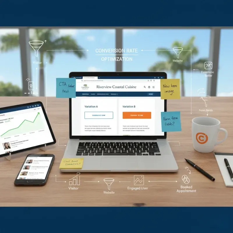 A busy desk setup showing a laptop displaying an A/B test for a website called "Riverview Coastal Cuisine." Sticky notes and diagrams overlaid on the image and desk detail the process of Conversion Rate Optimization, including testing CTA color, new hero images, and form fields, illustrating the flow from visitor to booked appointment.
