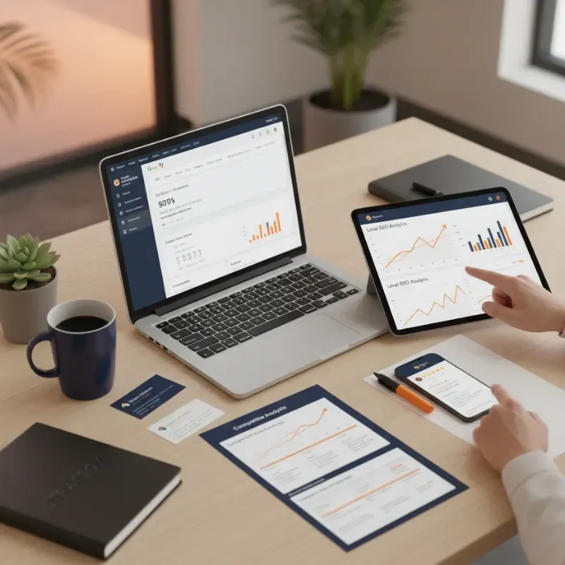 A high-angle shot of a desk setup featuring a laptop and a tablet both displaying analytics dashboards. The tablet shows "Local SEO Analysis" charts with upward-trending lines. A hand points at the tablet screen. The desk also holds a notebook labeled "STRATEGY," coffee, business cards, and a printed "Competitive Analysis" report.