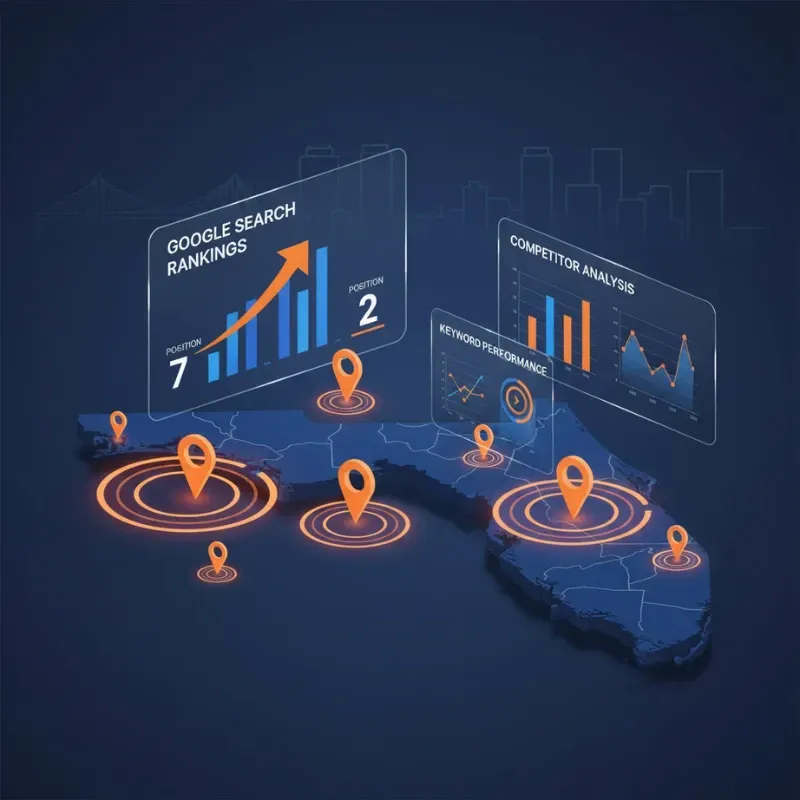 An isometric illustration of the state of Florida overlaid with glowing orange location pins and data displays. The largest display shows "GOOGLE SEARCH RANKINGS" with a chart showing a rise from Position 7 to Position 2. Another display shows charts for "COMPETITOR ANALYSIS" and "KEYWORD PERFORMANCE."