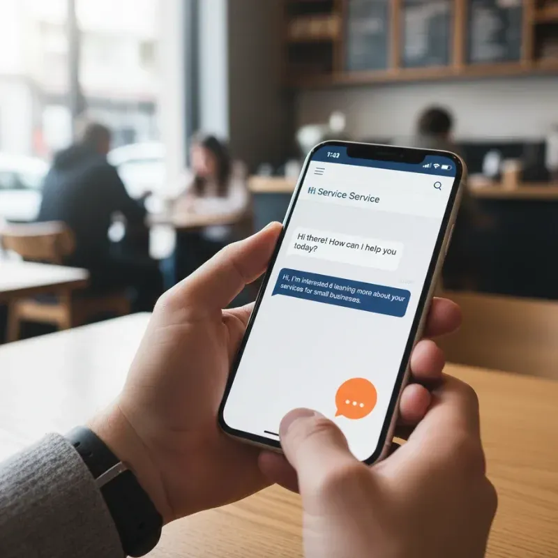 A close-up of hands holding a smartphone in a cafe, engaging in a live chat conversation with a service representative. The message reads: "Hi, I'm interested in learning more about your services for small businesses."