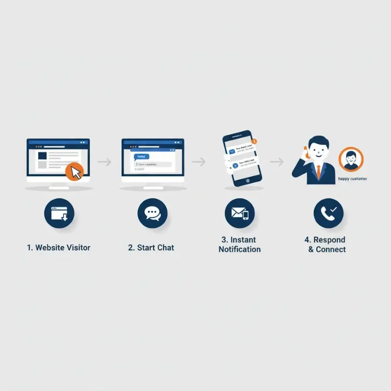 A four-step flow diagram illustrating customer engagement: 1. Website Visitor (clicks mouse), 2. Start Chat (computer chat window), 3. Instant Notification (phone notification), and 4. Respond & Connect (representative talking on phone to a happy customer), emphasizing quick lead response.