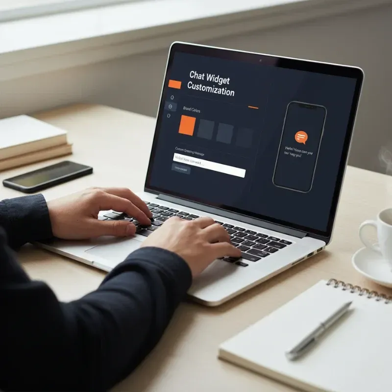 A close-up of a person typing on a laptop displaying a customization dashboard for a Chat Widget. The user can adjust Brand Colors and a Custom Greeting Message, while a preview on the right shows how the chat widget will look on a smartphone.