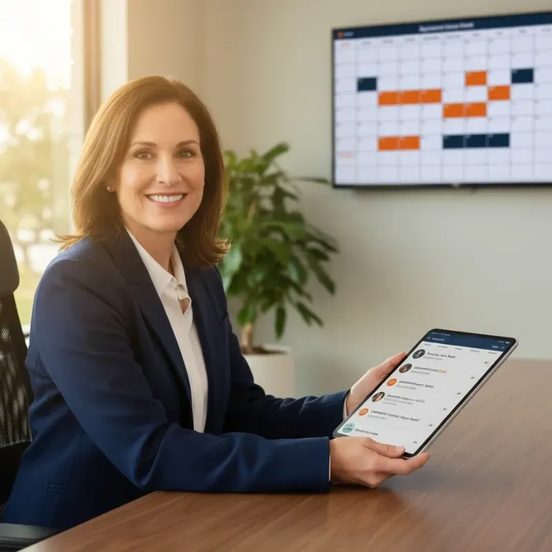 A smiling businesswoman in a suit holds a tablet displaying a list of customer contacts/leads. Behind her is a large screen showing a shared digital calendar with orange and blue blocked-out appointments, suggesting an effective scheduling system.