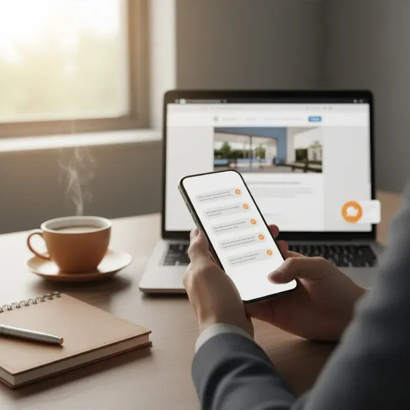 A person holds a smartphone, reading a text conversation thread. A laptop in the background shows a website with a chat bubble icon. A steaming cup of coffee and a notebook sit on the desk, illustrating communication while working.