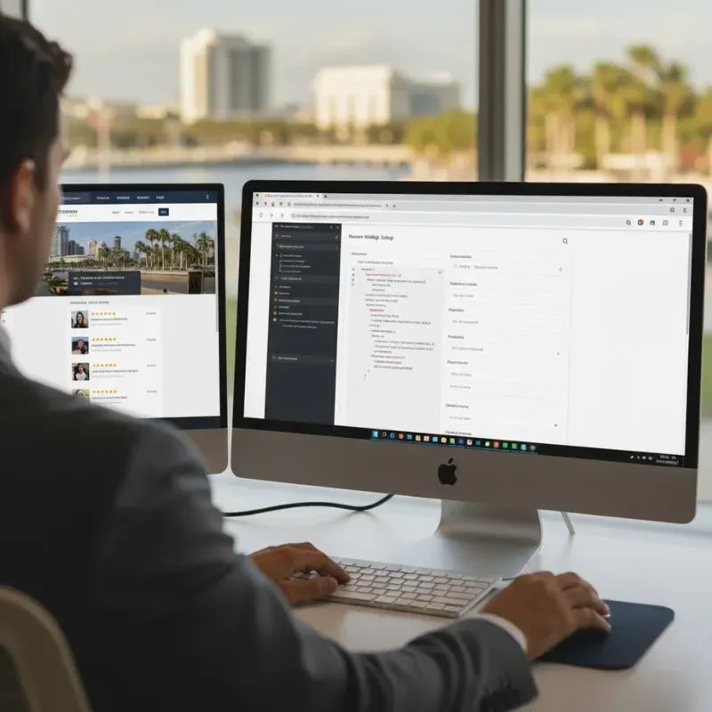 A man in a suit works at dual computer monitors overlooking a city skyline. The right monitor shows a website's Review Widget Setup dashboard with implementation details, while the left monitor displays the live appearance of the review widget on the website.