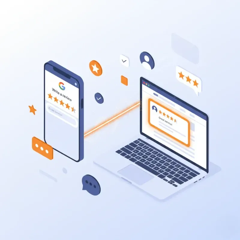 An isometric illustration showing a smartphone interface ready to Write a review with a 5-star rating, alongside a laptop displaying a website widget that captures the review, symbolizing the seamless process of collecting customer feedback.