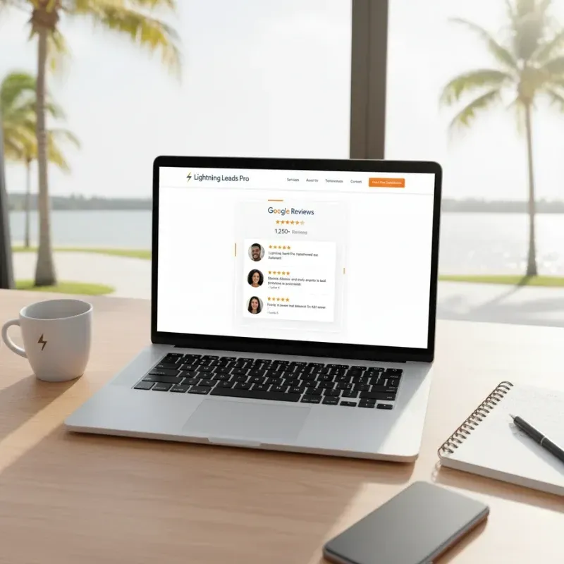 A laptop on a wooden table near a window overlooking palm trees and water displays a website with a prominent Google Reviews widget showing a 5-star rating and several positive customer testimonials. A coffee mug and notebook are next to the laptop.