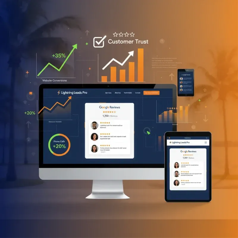 A vibrant digital display on a monitor and tablet showing Google Reviews (1,350+ reviews, 5 stars). Surrounding graphics show upward trends: Website Conversions (+35%), Phone Calls (+20%), and Customer Trust (check mark and rising bar chart), all emphasizing the positive impact of reviews.