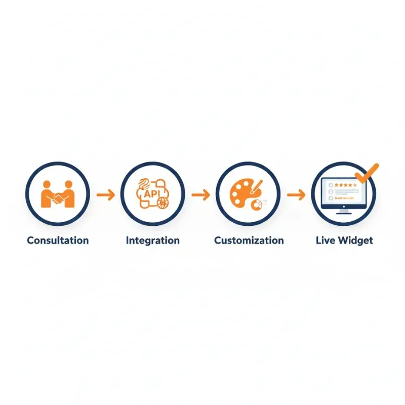 A four-step flow diagram showing the deployment of a review widget: Consultation (handshake icon), Integration (API icon), Customization (palette icon), and finally, Live Widget (monitor with 5-star rating and checkmark).