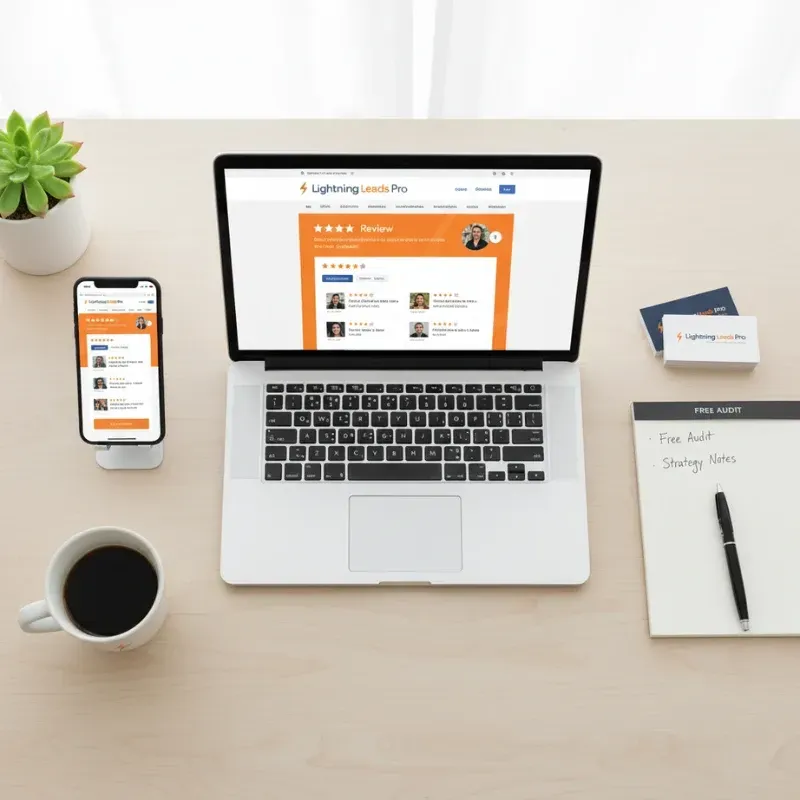 A top-down shot of a desk setup featuring a laptop and smartphone, both displaying a website review page. A notepad labeled "FREE AUDIT" with handwritten "Strategy Notes" and a business card for Lightning Leads Pro are also present, highlighting a focus on review management strategy.