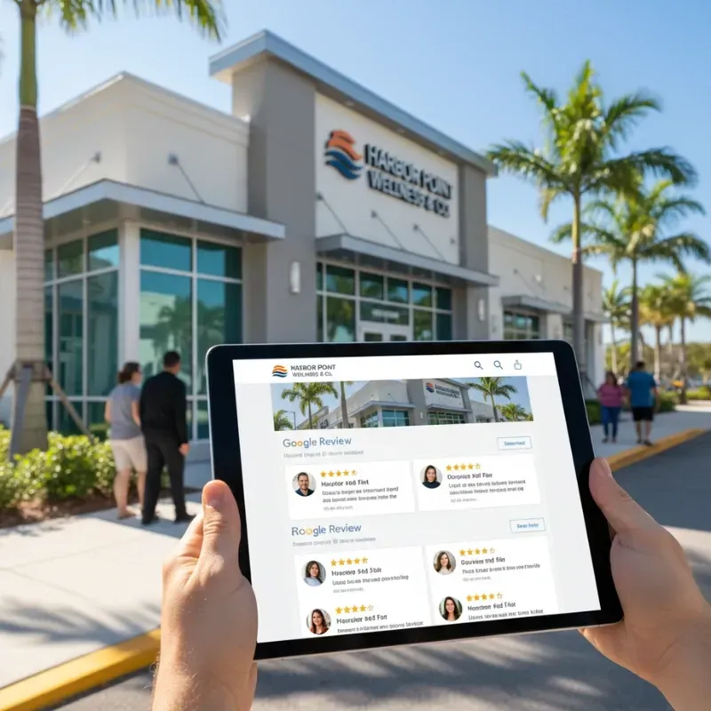 A person holds a tablet displaying positive Google Reviews for "Harbor Point Wellness & Co." in the foreground, with the actual business building and surrounding palm trees visible in the background, linking the reviews to the physical location.