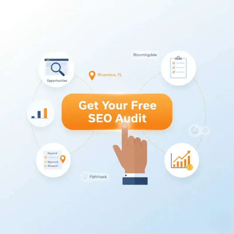 A graphic illustrating the steps for a 'Free SEO Audit' focusing on the Riverview, FL area. The central orange button says 'Get Your Free SEO Audit.' It is circled by icons and text representing 'Opportunities,' 'Keyword Research,' statistical bars, a checklist clipboard, and a rising monetary graph. Locations like Riverview, FL, Bloomingdale, and FishHawk are pinpointed.