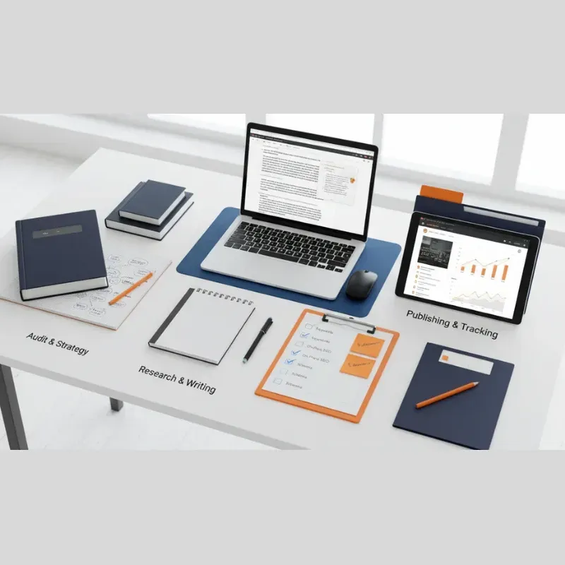 An overhead view of a desk organized with three distinct stations labeled 'Audit & Strategy' (books and notes), 'Research & Writing' (a notebook, pen, and open laptop showing a document), and 'Publishing & Tracking' (a tablet showing graphs and data, and a clipboard with checkboxes for 'Keywords,' 'On-Page SEO,' and 'Schema').