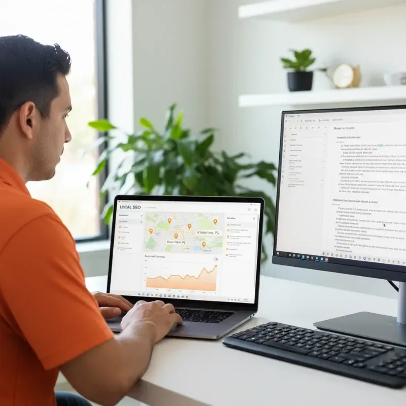 A person in an orange shirt is sitting at a desk, focused on a laptop and external monitor. The laptop screen displays a 'LOCAL SEO' dashboard with a map centered on Riverview, FL, and a rising performance graph. The external monitor shows a long-form document, likely content or strategy.