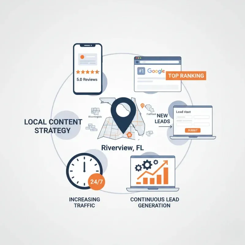 A circular graphic illustrating a 'Local Content Strategy' centered on the Riverview, FL area map icon. The steps include: a mobile phone showing '5.0 Reviews,' 'TOP RANKING' on Google, 'NEW LEADS' submission form, 'CONTINUOUS LEAD GENERATION' via a laptop graphic, 'INCREASING TRAFFIC' (24/7 clock graphic), and the overall strategy.
