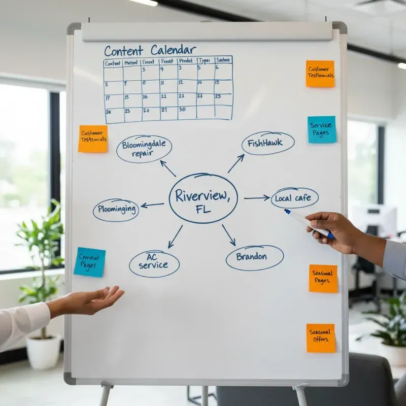 Two people are pointing at a whiteboard with a hand-drawn mind map centered around 'Riverview, FL.' The map connects to local services and topics like 'Bloomingdale repair,' 'AC service,' 'Local cafe,' 'FishHawk,' 'Brandon,' and content types like 'Service Pages' and 'Seasonal Pages.' A 'Content Calendar' grid is drawn at the top, and various topics like 'Customer Testimonials' are written on sticky notes.