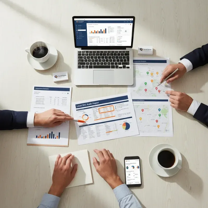 An overhead view of three people in business suits working together at a table. They are reviewing several documents, including a "Local SEO Audit Report" and competitive analysis, with charts and maps. A laptop with digital charts and a smartphone are also visible on the table, next to cups of coffee.