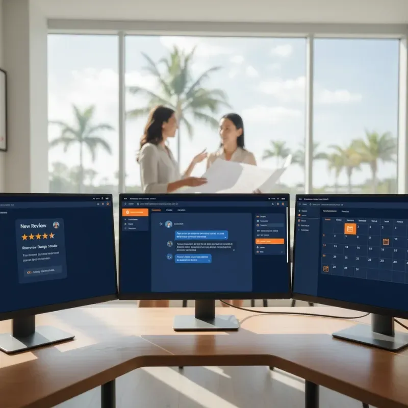 Three modern computer monitors on a desk, displaying business dashboards showing a new 5-star review, a chat interface, and a calendar. In the background, two women are discussing plans or blueprints in a bright office with large windows overlooking palm trees.