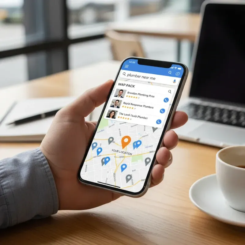 A person holding a smartphone displaying Google Maps search results for local plumbers, illustrating how Local SEO helps customers find service providers in Brandon FL.