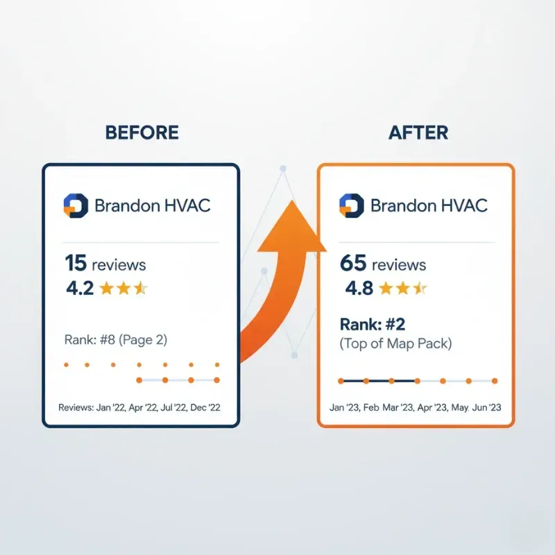 A before-and-after comparison chart showing a business profile's growth in reviews and rankings, demonstrating the effectiveness of Local SEO for a Brandon FL HVAC company.