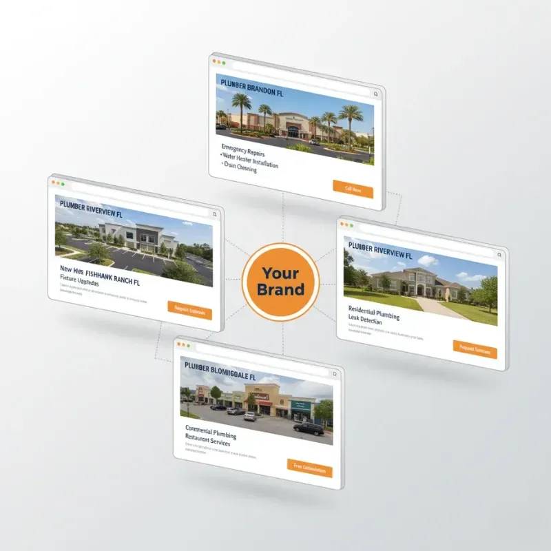 An infographic showing a Local SEO strategy where a central brand connects to specific location service pages, including Brandon FL, Riverview, and Bloomingdale.