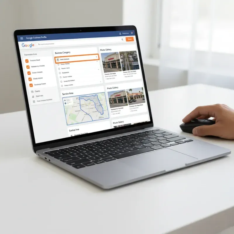 A laptop screen displaying the Google Business Profile setup interface, a critical tool for managing Local SEO presence and service areas in Brandon FL.