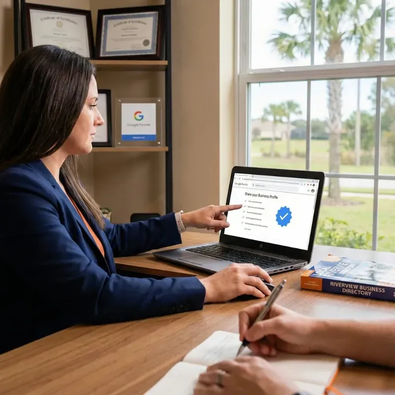 A marketing professional in a sunny office assisting a client with Google Business Profile Verification on a laptop, with a 'Riverview Business Directory' book on the desk and Florida palm trees visible through the window, representing local service in Riverview.