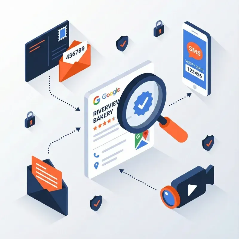 An isometric illustration depicting the various Google Business Profile Verification methods, including postcard, SMS code, and video verification, designed to help local companies in Brandon and Tampa Bay secure their listings.