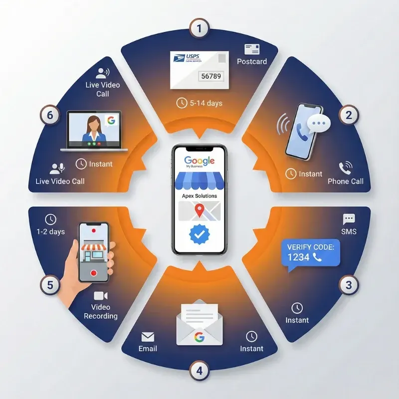 A circular diagram outlining six different options for Google Business Profile Verification—such as live video calls, postcards, and email—available to service professionals in Brandon, Tampa, and the surrounding areas.