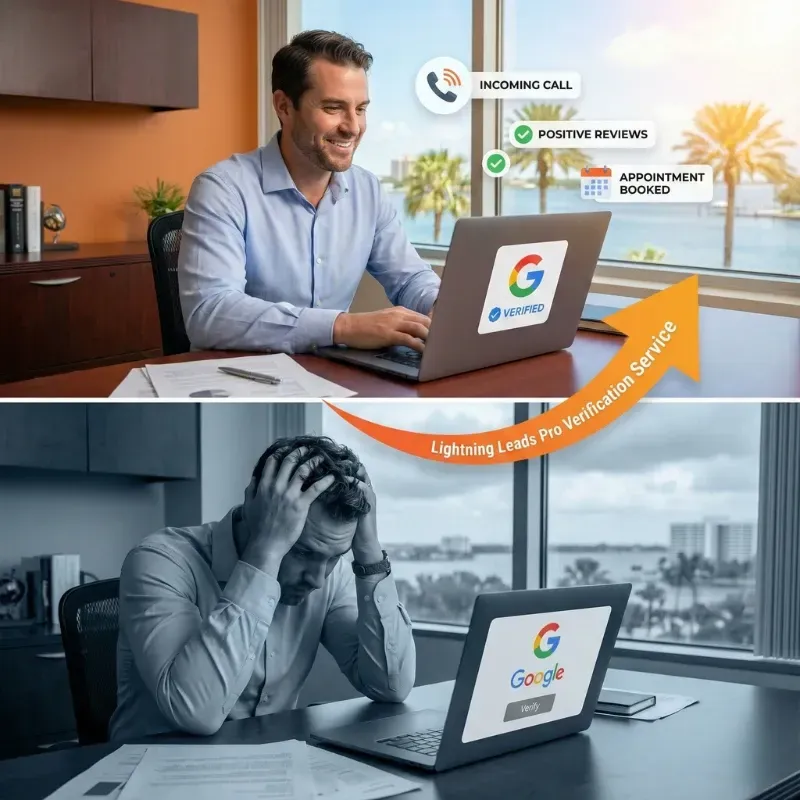 A split-screen image contrasting a relaxed, successful business owner in Tampa Bay who used the Lightning Leads Pro Google Business Profile Verification service against a stressed owner struggling to verify their listing alone.