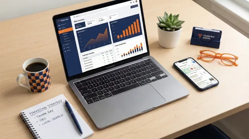 Workspace featuring a laptop displaying an analytics dashboard and a notebook with Tampa-specific notes, illustrating the daily workflow of a local Internet Marketing Service.
