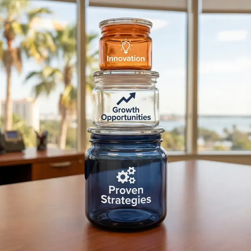 Three stacked jars labeled 'Proven Strategies,' 'Growth Opportunities,' and 'Innovation' on a desk, representing the building blocks of a successful Internet Marketing Service in Tampa.