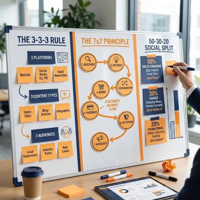 Whiteboard strategy session mapping out the '3-3-3 Rule' and '7x7 Principle' for a content plan, typical of a strategic Brandon Internet Marketing Service.