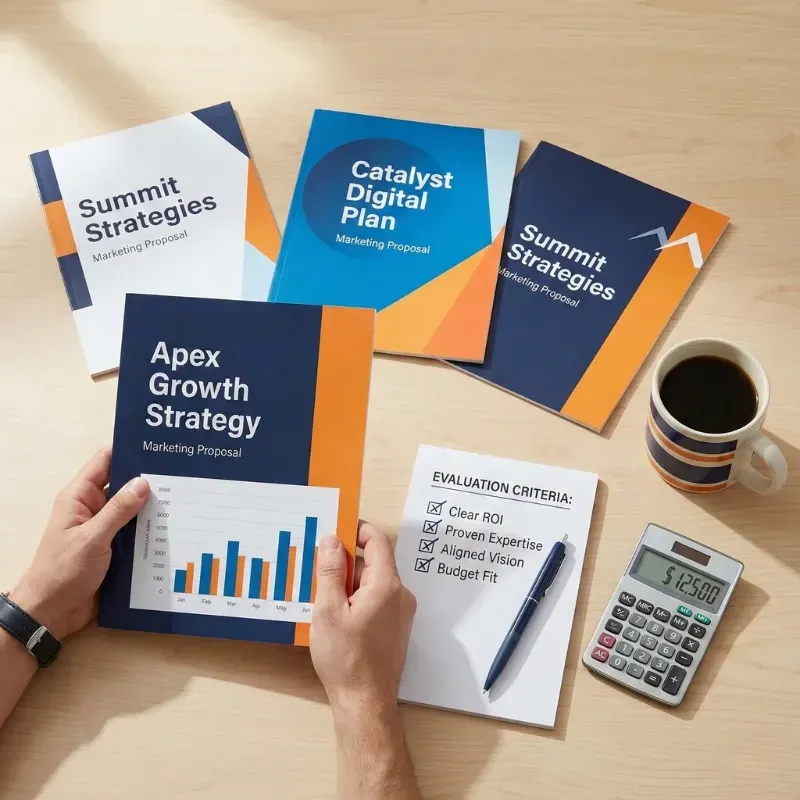 Hands reviewing professional marketing proposals next to a calculator and checklist, evaluating the investment required for a Tampa-based Internet Marketing Service.