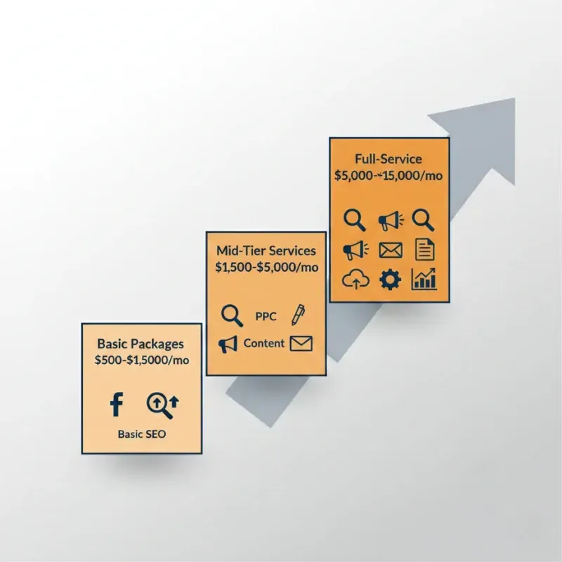 Stair-step infographic displaying three pricing tiers for an Internet Marketing Service, ranging from Basic Packages ($500-$1,500/mo) to Mid-Tier, and up to Full-Service options ($5,000-$15,000/mo) suitable for growing businesses in Tampa and Riverview.
