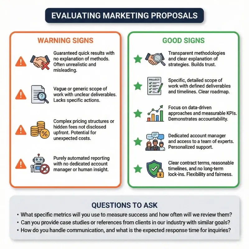 A comparison guide titled "Evaluating Marketing Proposals" showing warning signs versus good signs when hiring an Internet Marketing Service, along with key questions to ask agencies in the Tampa Bay area.