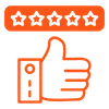 Reputation management icon featuring a thumbs-up hand gesture below five stars, symbolizing online reviews and customer testimonials.