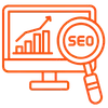 Digital marketing icon showing a computer monitor with a rising growth chart and a magnifying glass focusing on "SEO" for home service contractors.